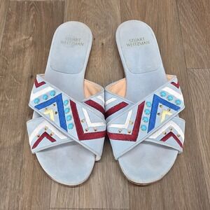 Stuart Weitzman‎ Embellished Suede Slide Sandals Size 9M Blue Red Gold Beaded